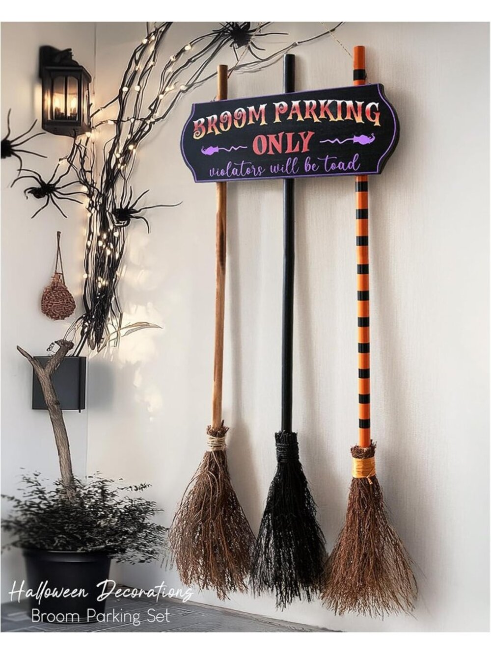 Broom Parking Sign with 3 Wooden Witches Brooms Hocus Pocus Halloween Decor